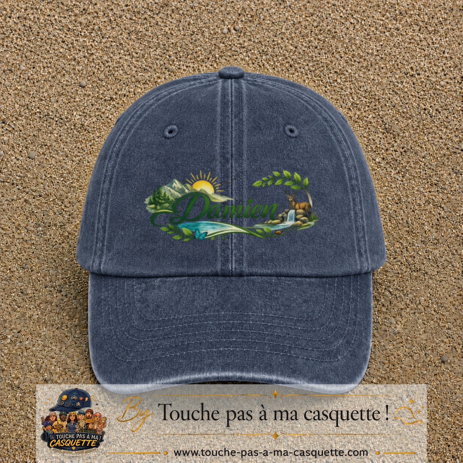 Casquette Bleu marine délavé avec motif Prénom Damien nature et cerf en 7 cm – vue principale