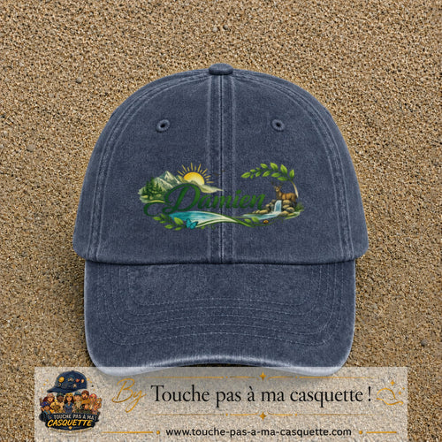 Casquette Bleu marine délavé avec motif Prénom Damien nature et cerf en 7 cm – vue principale