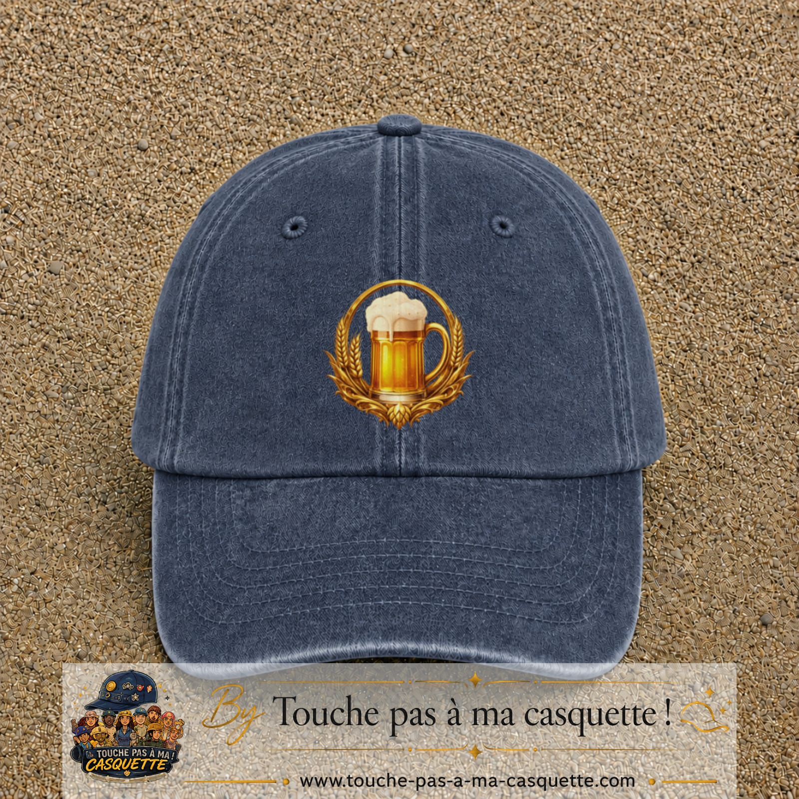 Casquette Bleu marine délavé motif Chope de bière logo 7 cm