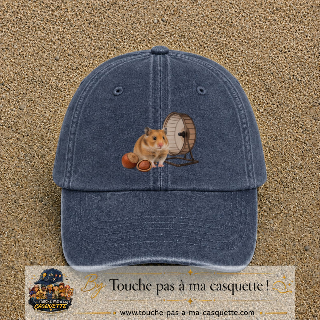 Casquette Bleu marine délavé motif Hamster avec roue logo 7 cm