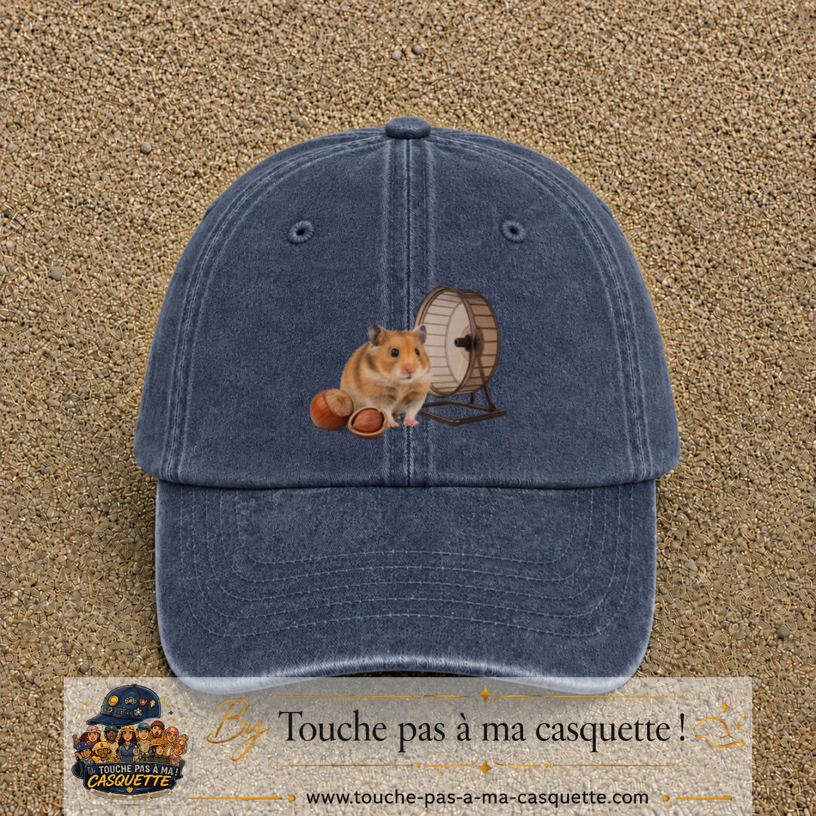 Casquette Bleu marine délavé motif Hamster avec roue logo 7 cm
