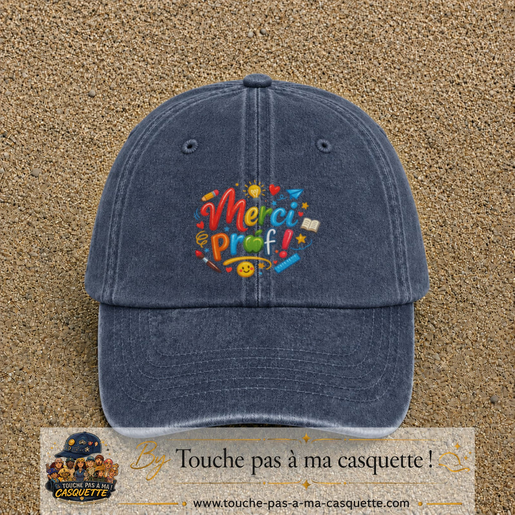 Casquette Bleu marine délavé avec motif Merci Prof coloré en 7 cm – vue principale