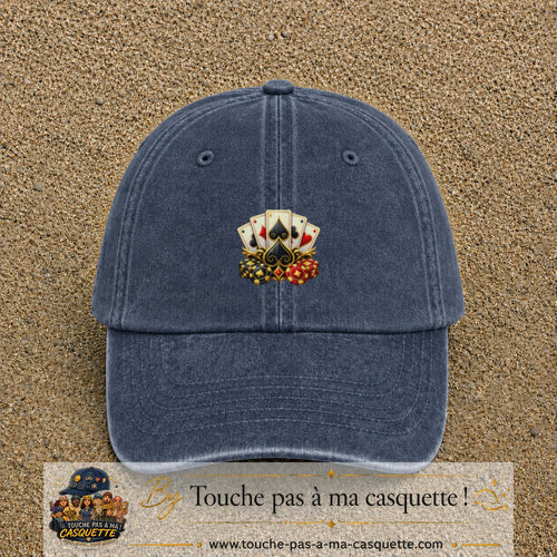 Casquette Bleu marine délavé motif Poker cartes et jetons logo 5 cm