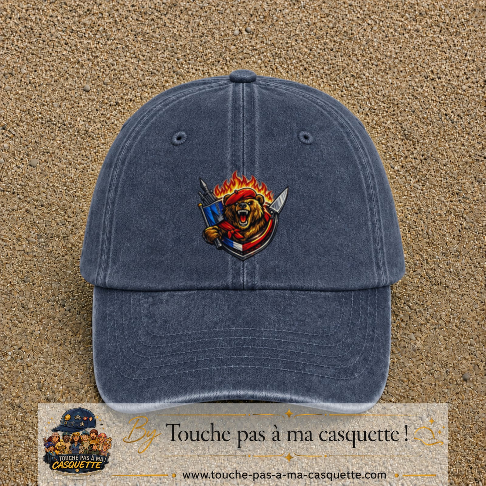 Casquette Bleu marine délavé motif Ours guerrier logo 7 cm