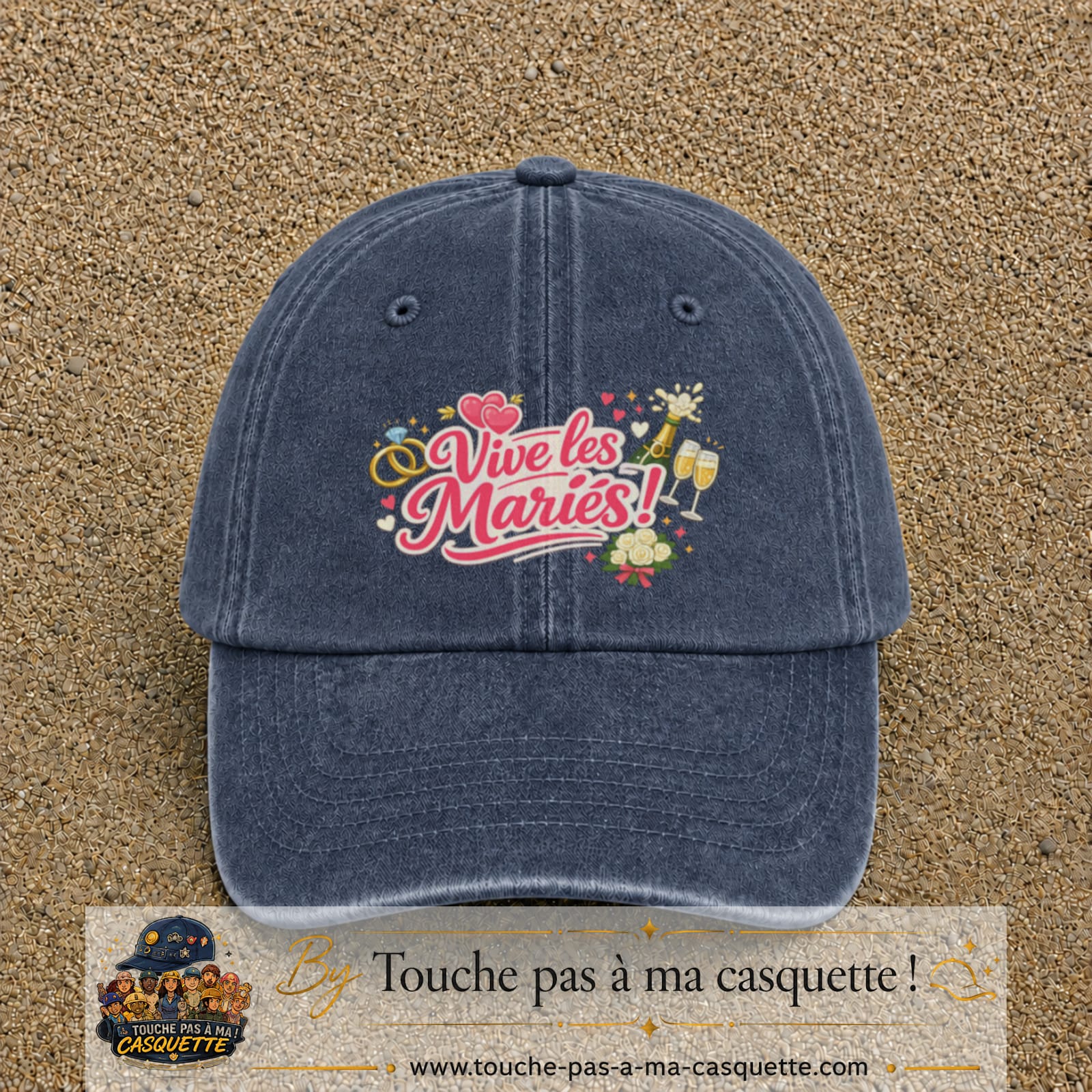 Casquette Bleu marine délavé avec motif Vive les Mariés en 7 cm – vue principale