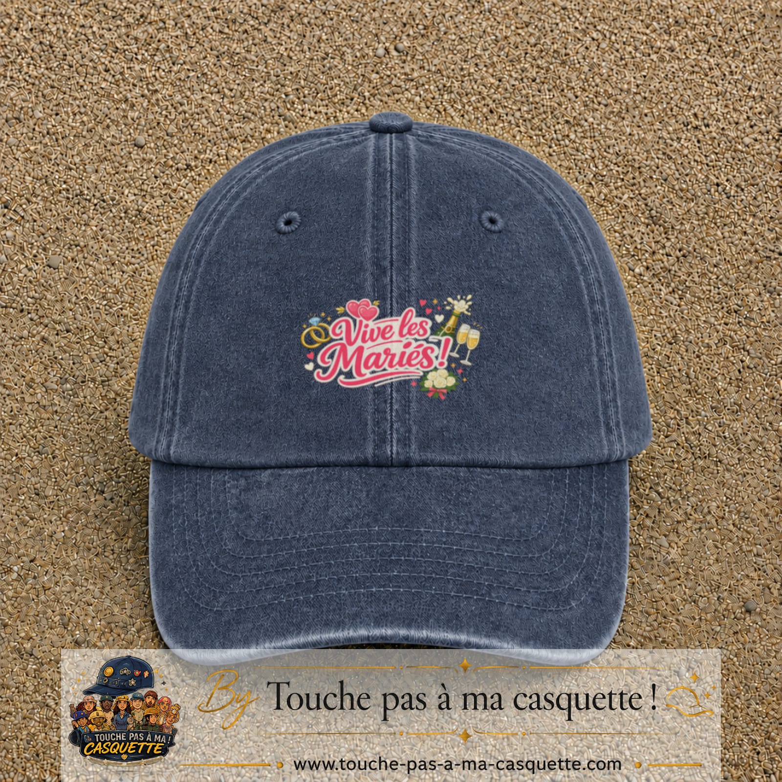 Casquette Bleu marine délavé avec motif Vive les Mariés en 5 cm – vue principale