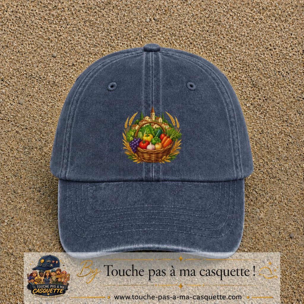 Casquette Bleu marine délavé motif Panier de récolte logo 7 cm