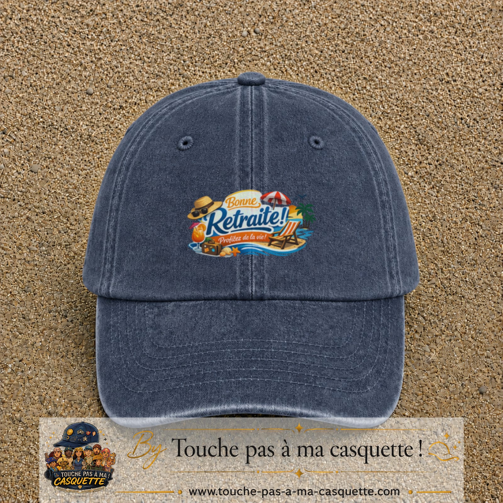 Casquette Bleu marine délavé avec motif Bonne retraite au bord de la mer en 5 cm – vue principale
