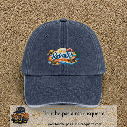 Casquette Bleu marine délavé avec motif Bonne retraite au bord de la mer en 5 cm – vue principale