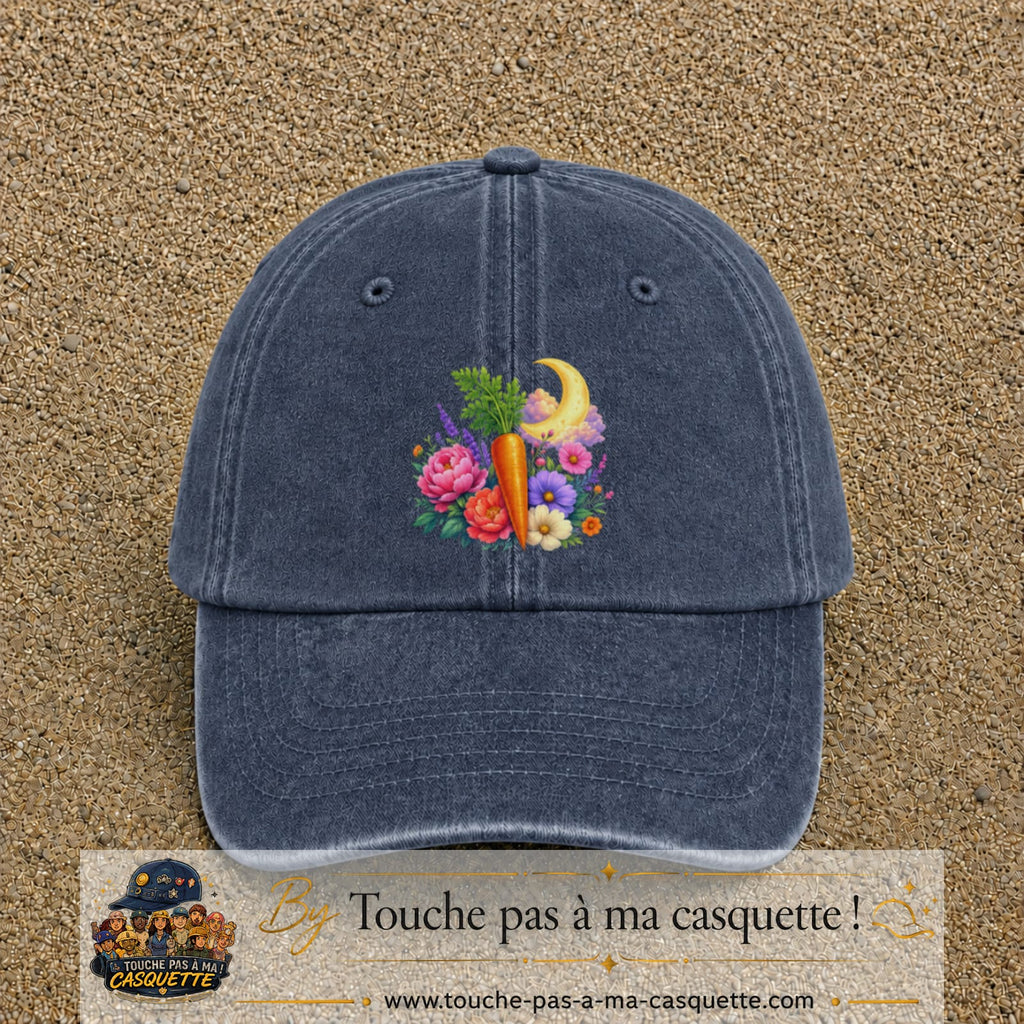 Casquette Bleu marine délavé motif Jardin carotte fleuri logo 7 cm
