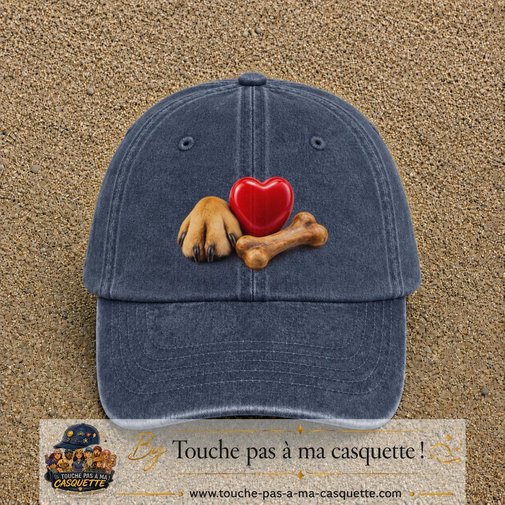 Casquette Bleu marine délavé motif Patte de chien et cœur logo 7 cm