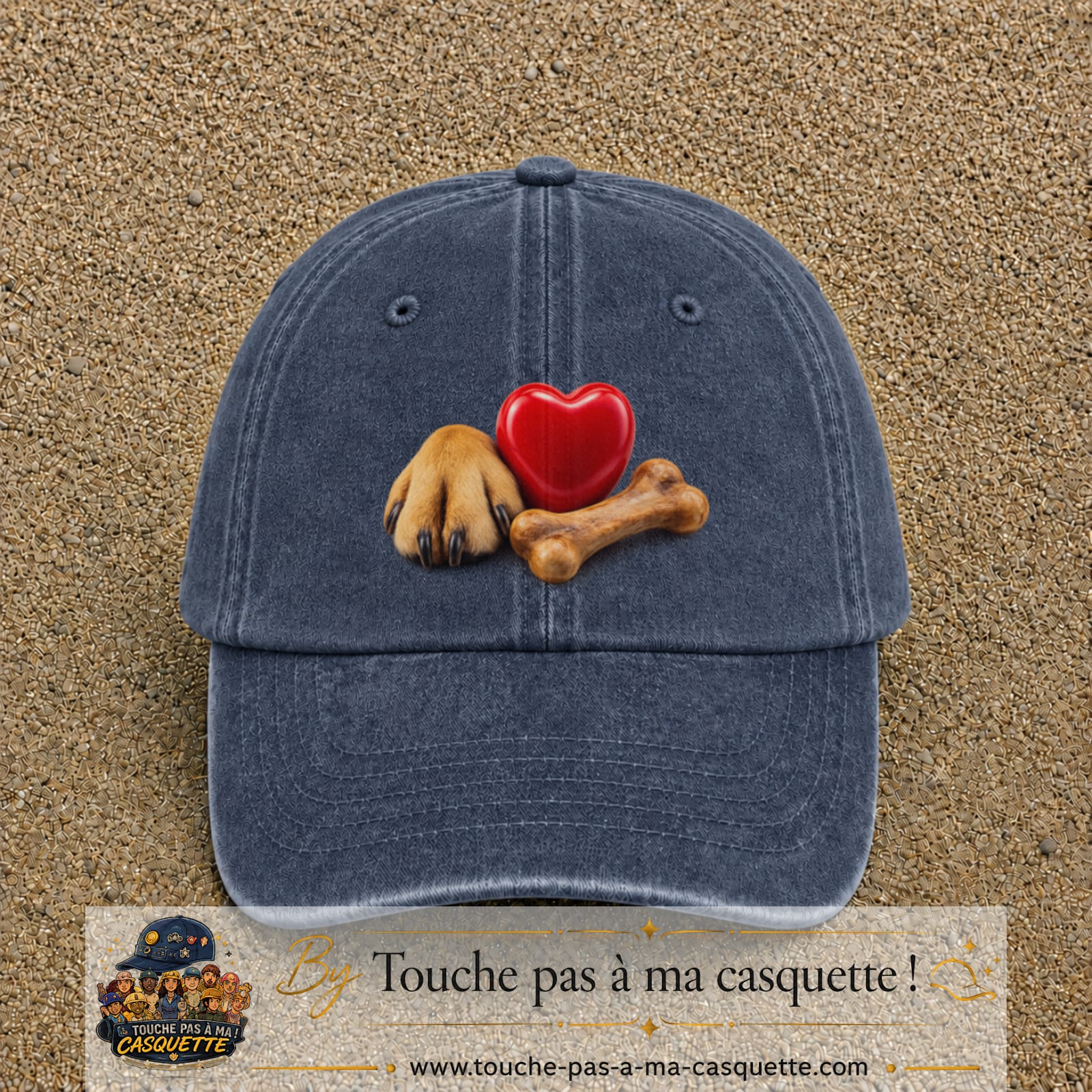 Casquette Bleu marine délavé motif Patte de chien et cœur logo 7 cm