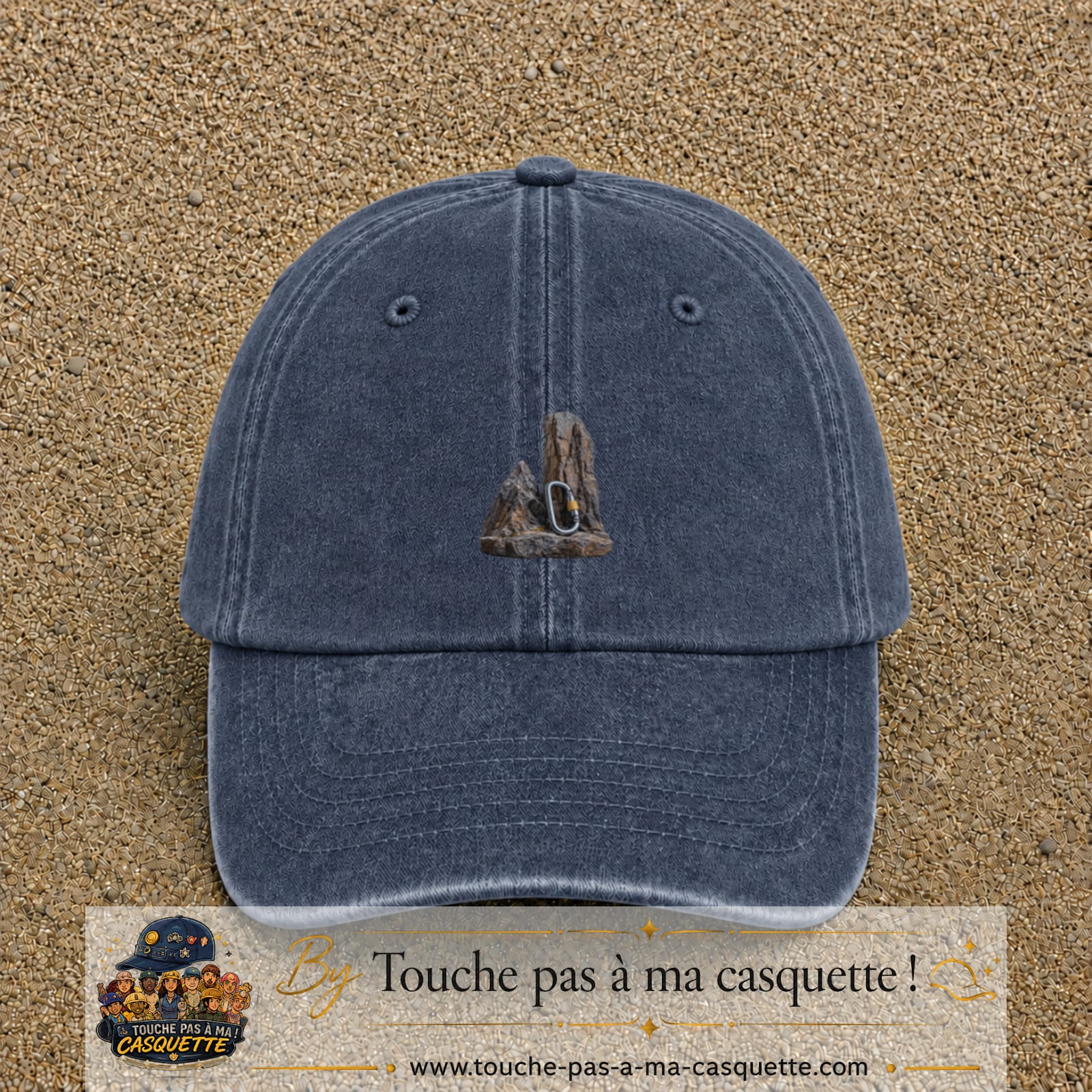 Casquette Bleu marine délavé motif Mousqueton d’escalade logo 5 cm