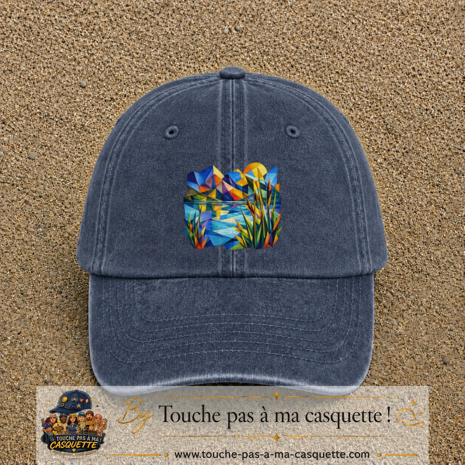Casquette Bleu marine délavé motif Paysage tropical géométrique logo 7 cm