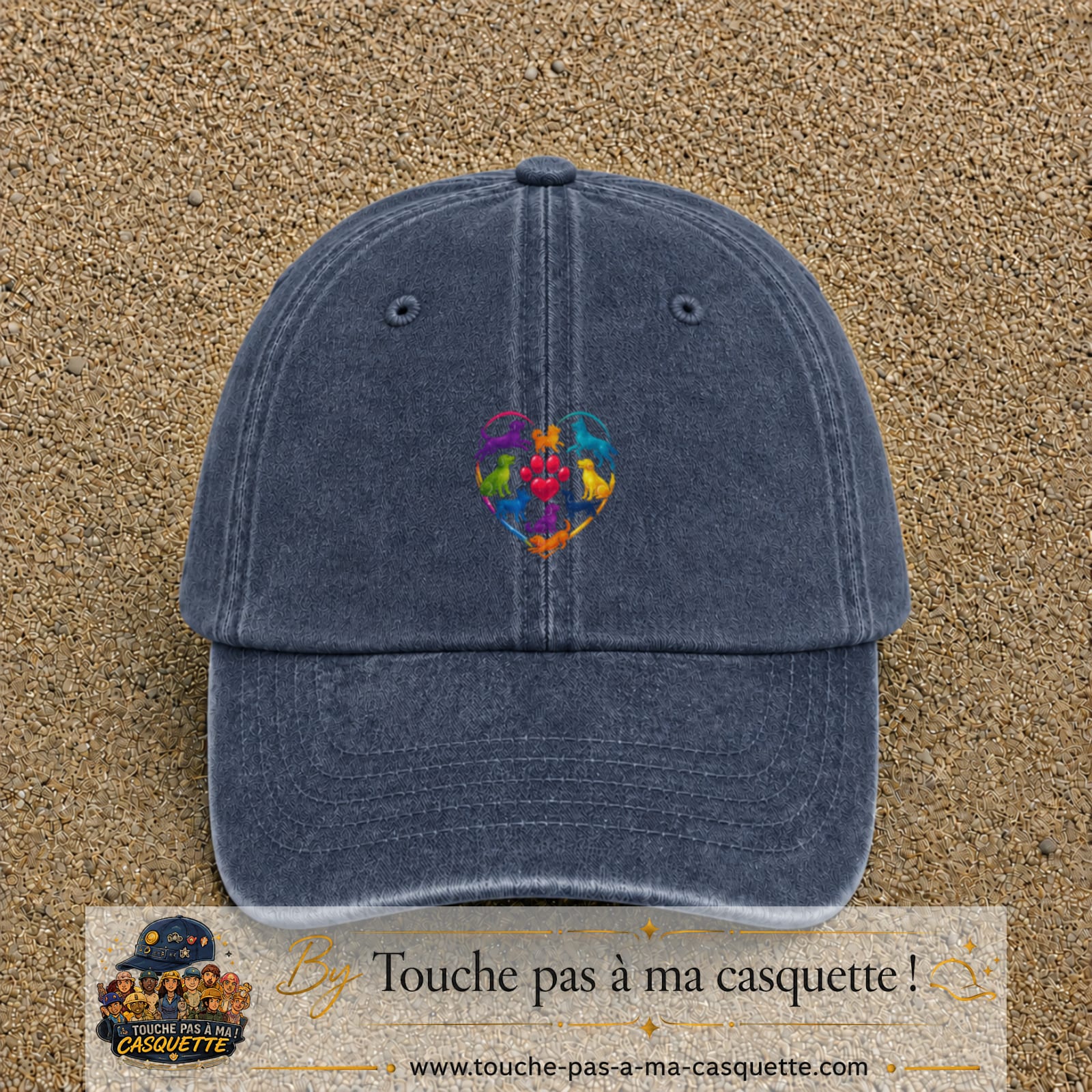 Casquette Bleu marine délavé motif Chats en cœur logo 5 cm