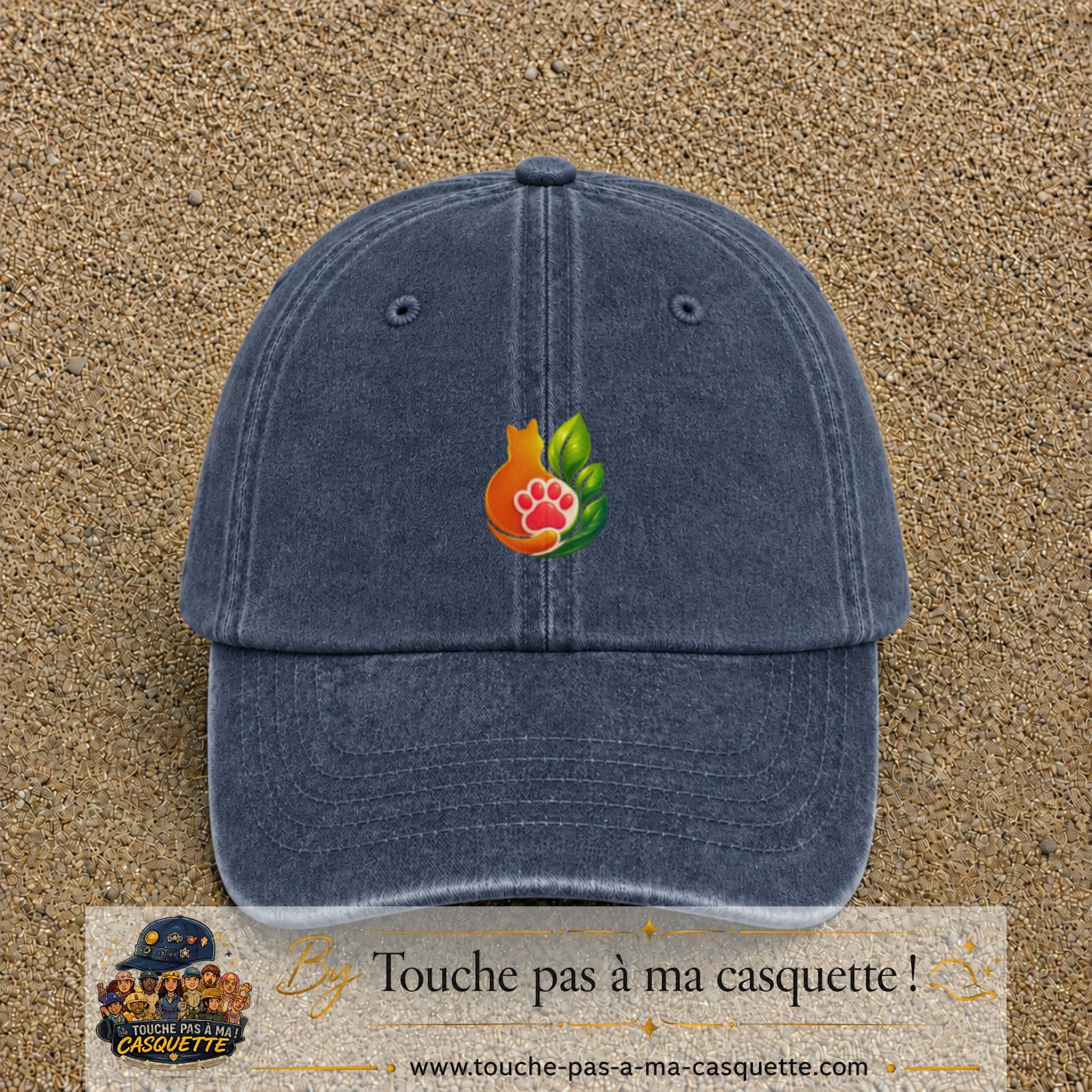 Casquette Bleu marine délavé motif Chat feuille logo 5 cm