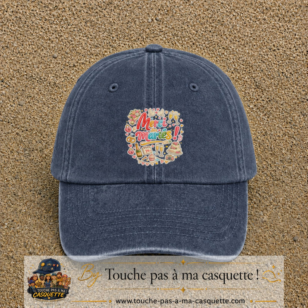 Casquette Bleu marine délavé avec motif Merci les Mariés en 7 cm – vue principale