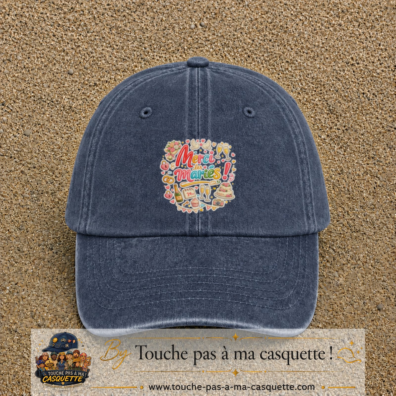 Casquette Bleu marine délavé avec motif Merci les Mariés en 7 cm – vue principale