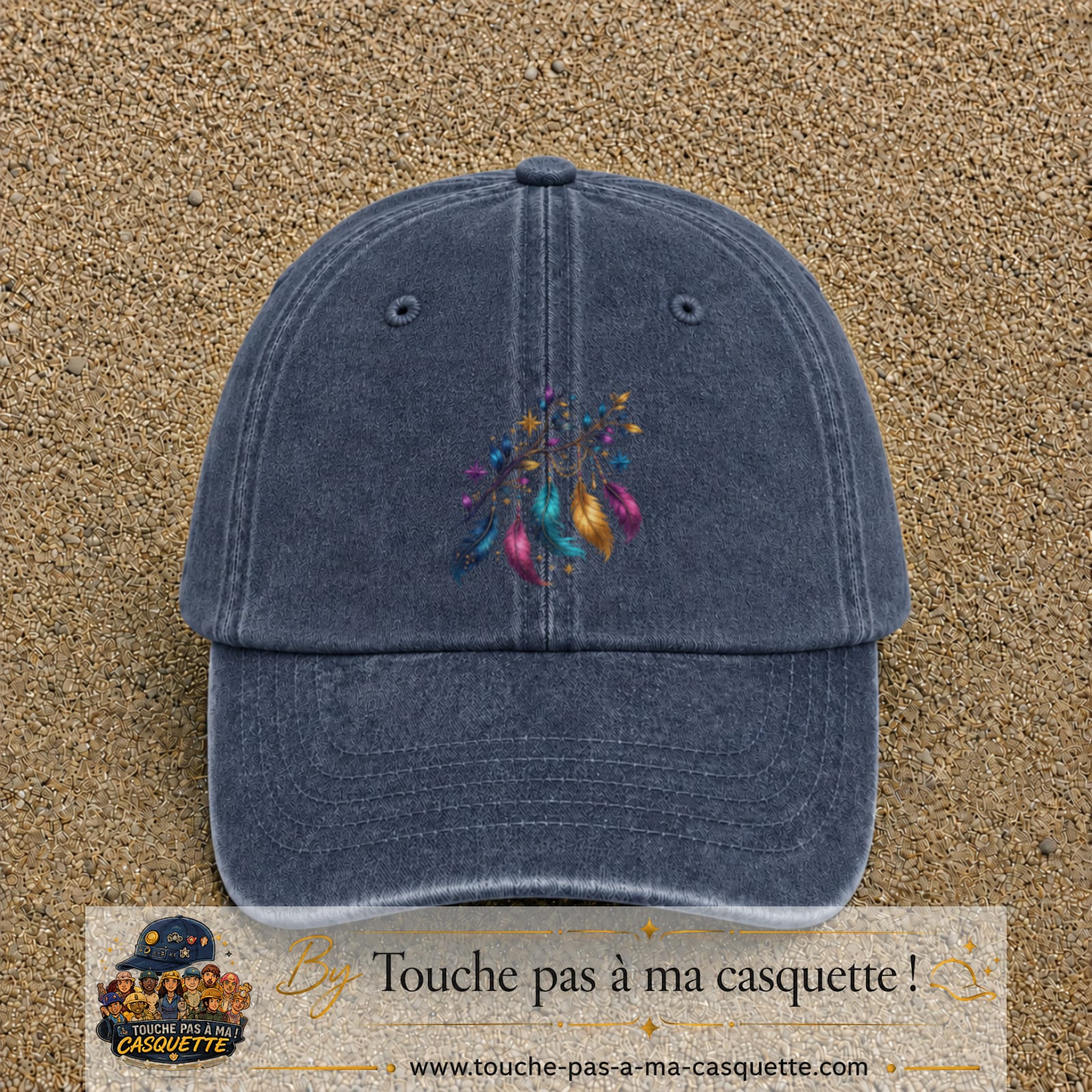 Casquette Bleu marine délavé motif Plumes bohèmes logo 7 cm