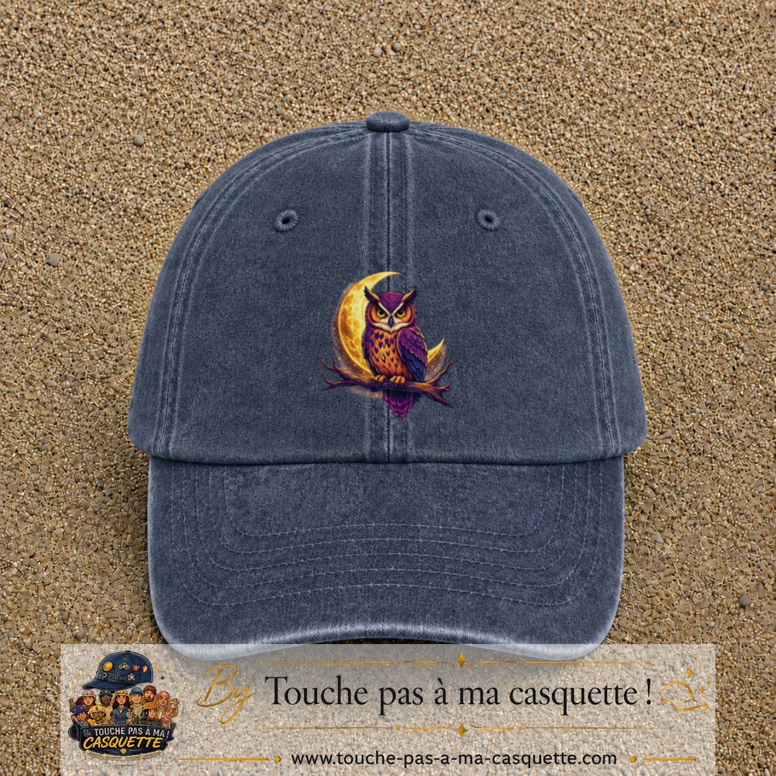 Casquette Bleu marine délavé motif Hibou lune logo 7 cm