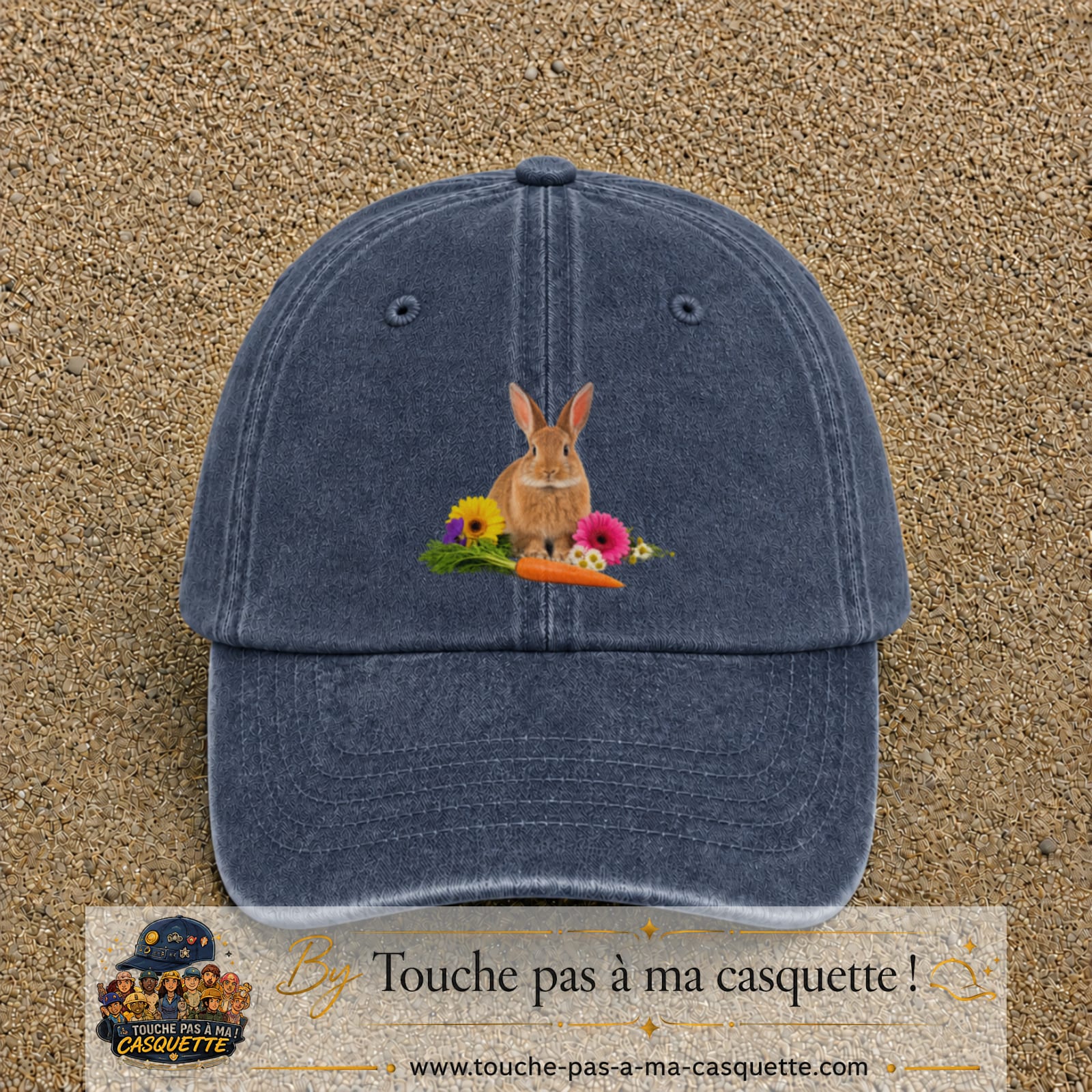 Image principale casquette Bleu marine délavé avec motif Lapin fleuri 7 cm