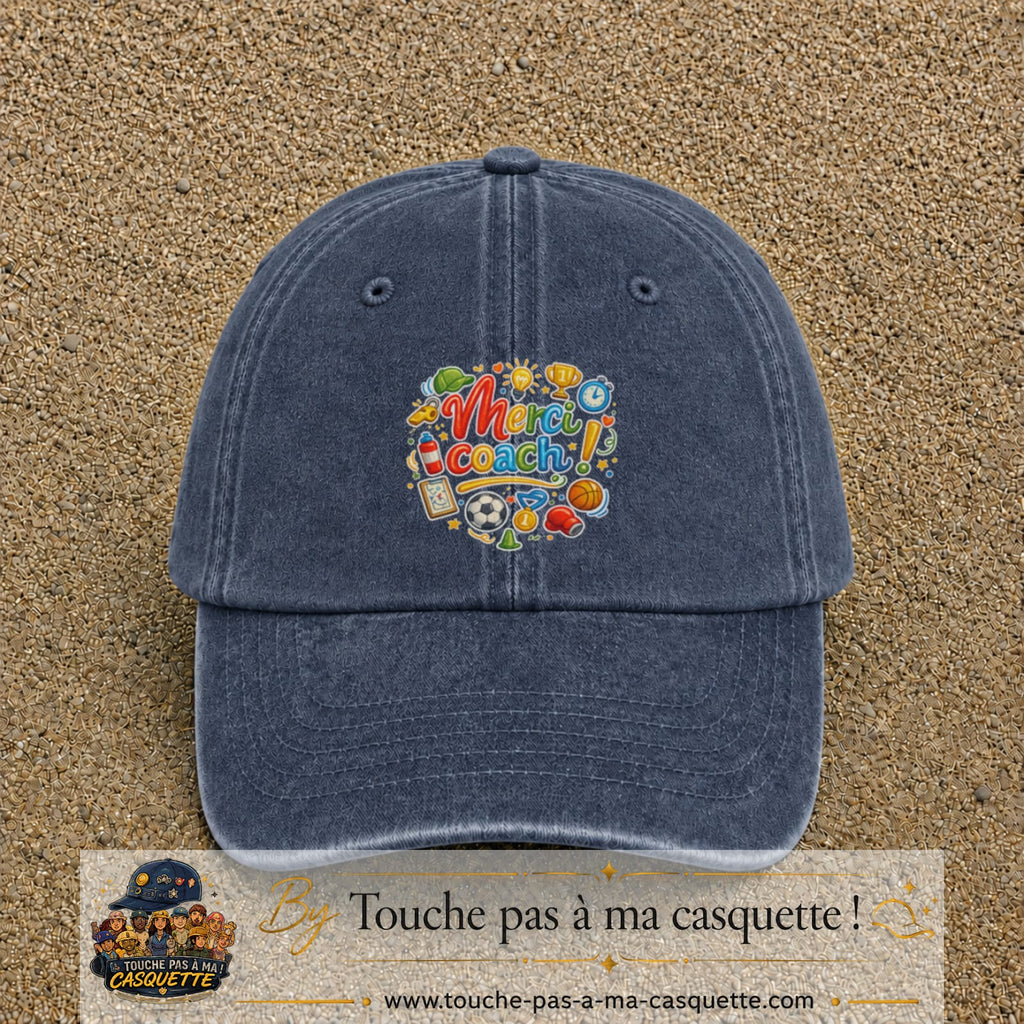 Casquette Bleu marine délavé avec motif Merci coach multisport en 7 cm – vue principale