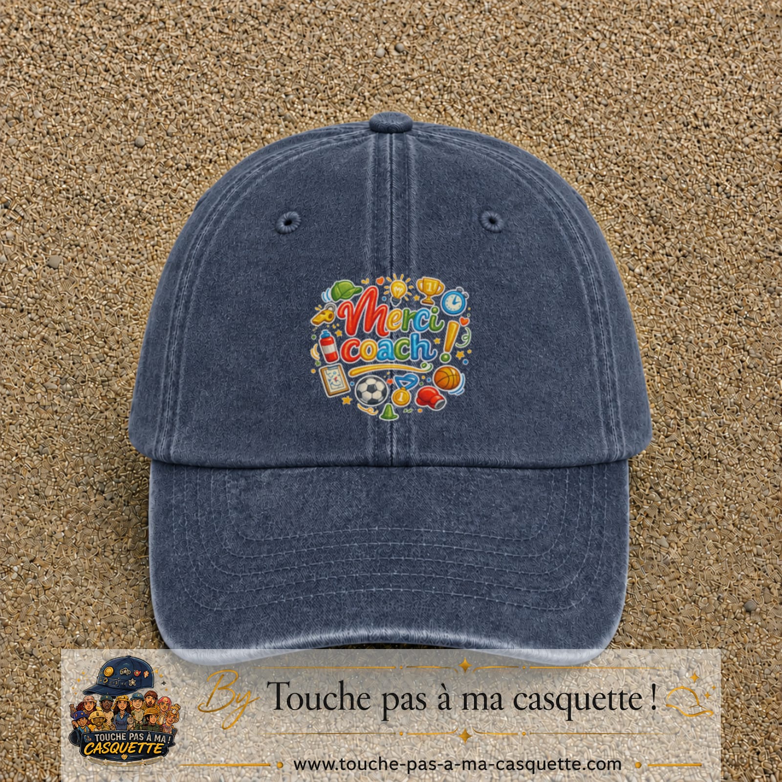 Casquette Bleu marine délavé avec motif Merci coach multisport en 7 cm – vue principale