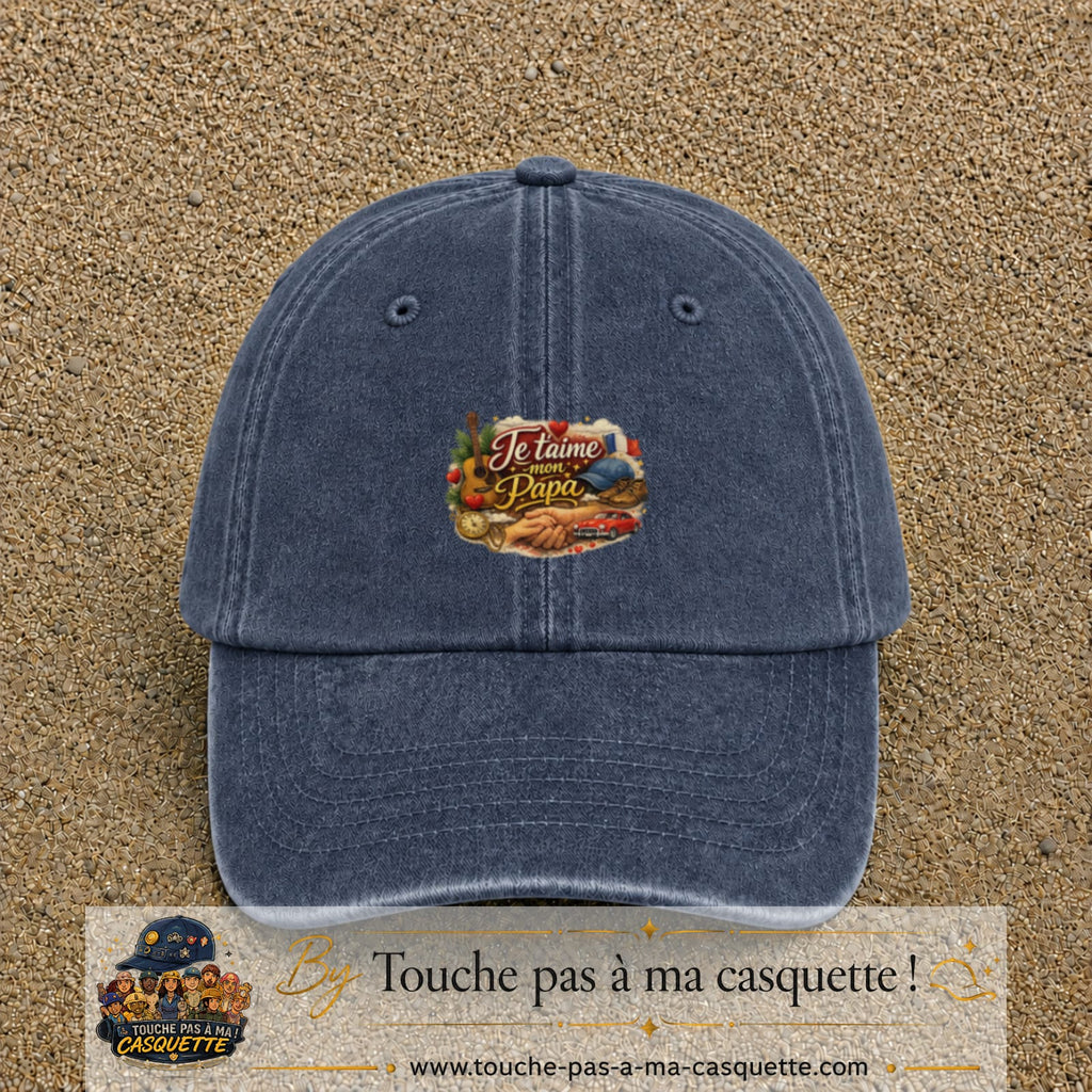 Casquette Bleu marine délavé avec motif Je t’aime mon Papa et ses passions en 5 cm – vue principale