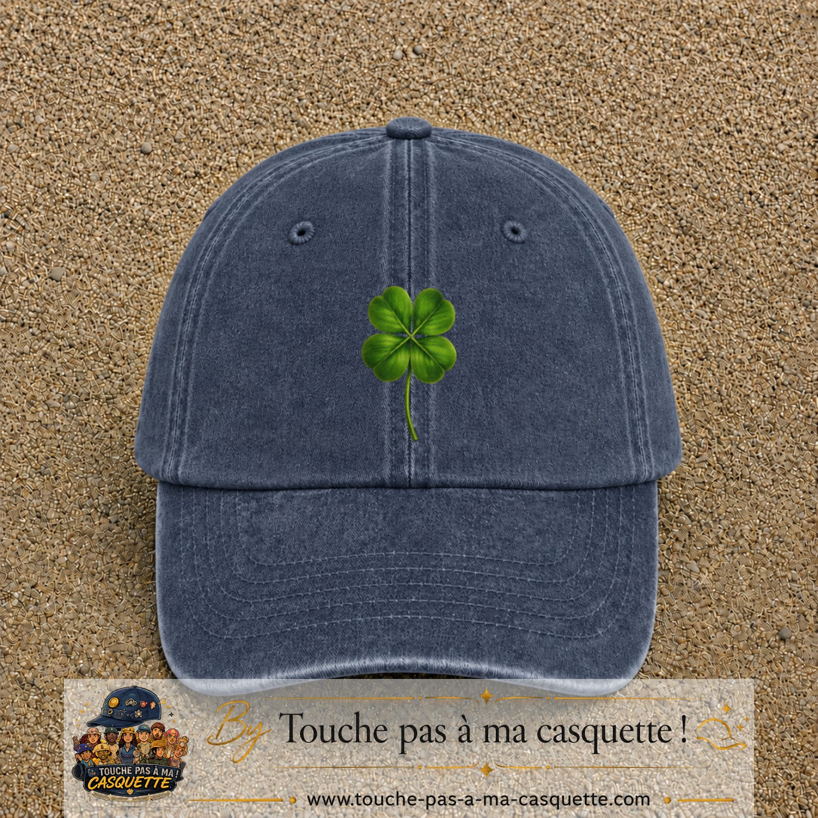 Casquette Bleu marine délavé motif Trèfle porte-bonheur logo 7 cm