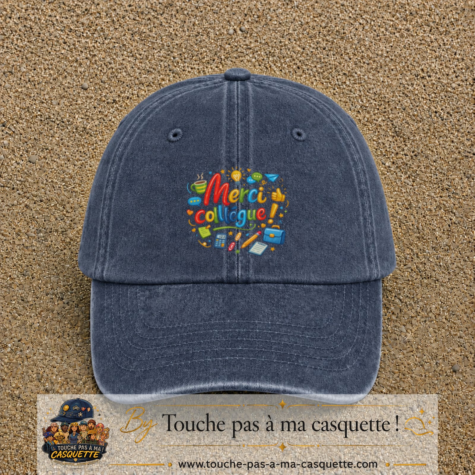 Casquette Bleu marine délavé avec motif Merci collègue en 7 cm – vue principale