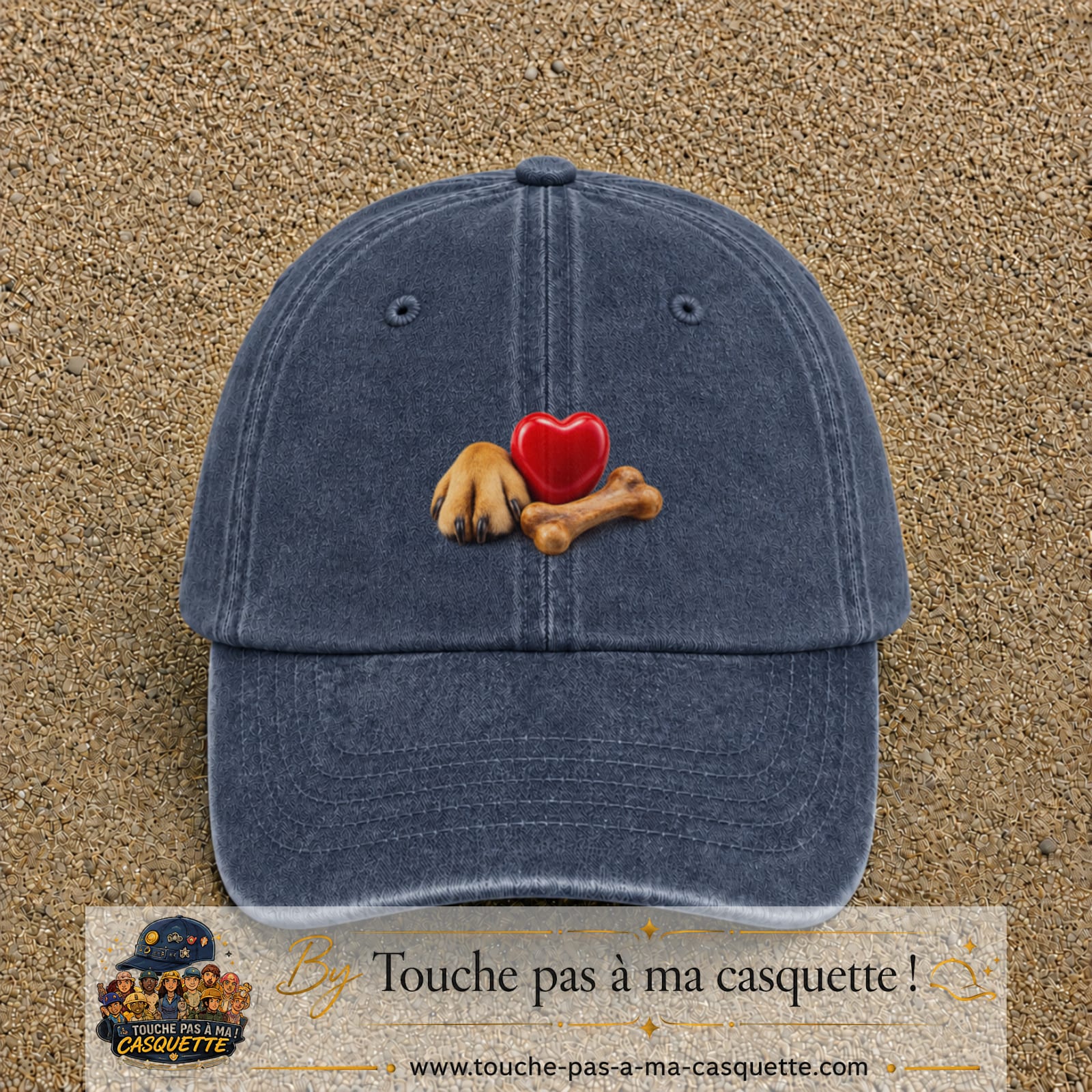 Casquette Bleu marine délavé motif Patte de chien et cœur logo 5 cm