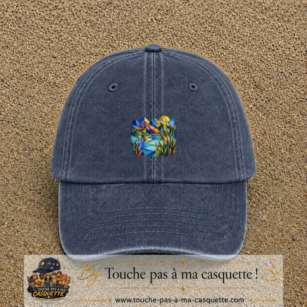 Casquette Bleu marine délavé motif Paysage tropical géométrique logo 5 cm