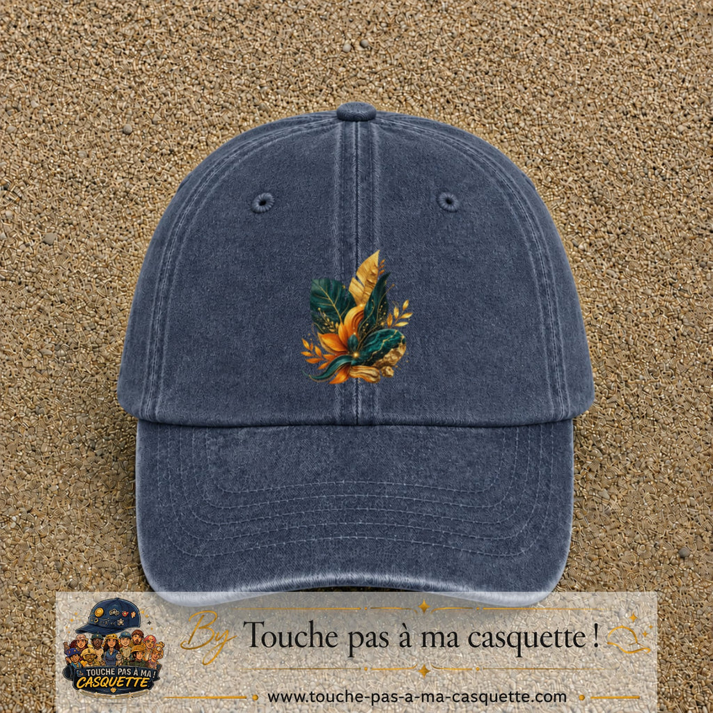 Image principale casquette Bleu marine délavé avec motif Feuillage tropical doré 7 cm