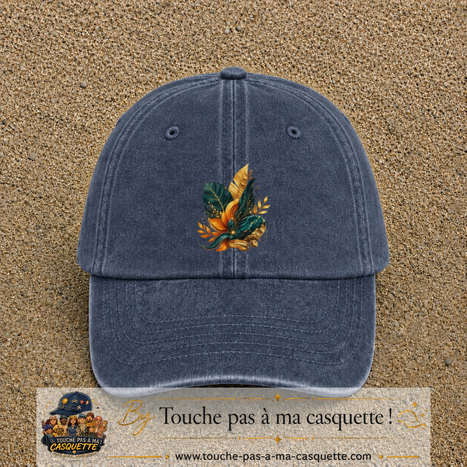 Image principale casquette Bleu marine délavé avec motif Feuillage tropical doré 7 cm