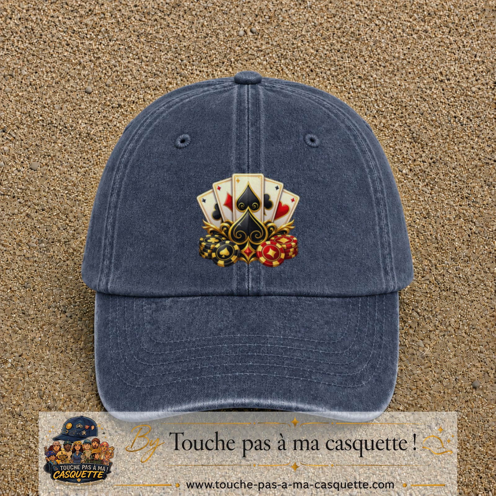 Casquette Bleu marine délavé motif Poker cartes et jetons logo 7 cm