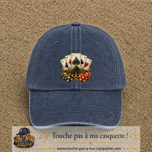 Casquette Bleu marine délavé motif Poker cartes et jetons logo 7 cm