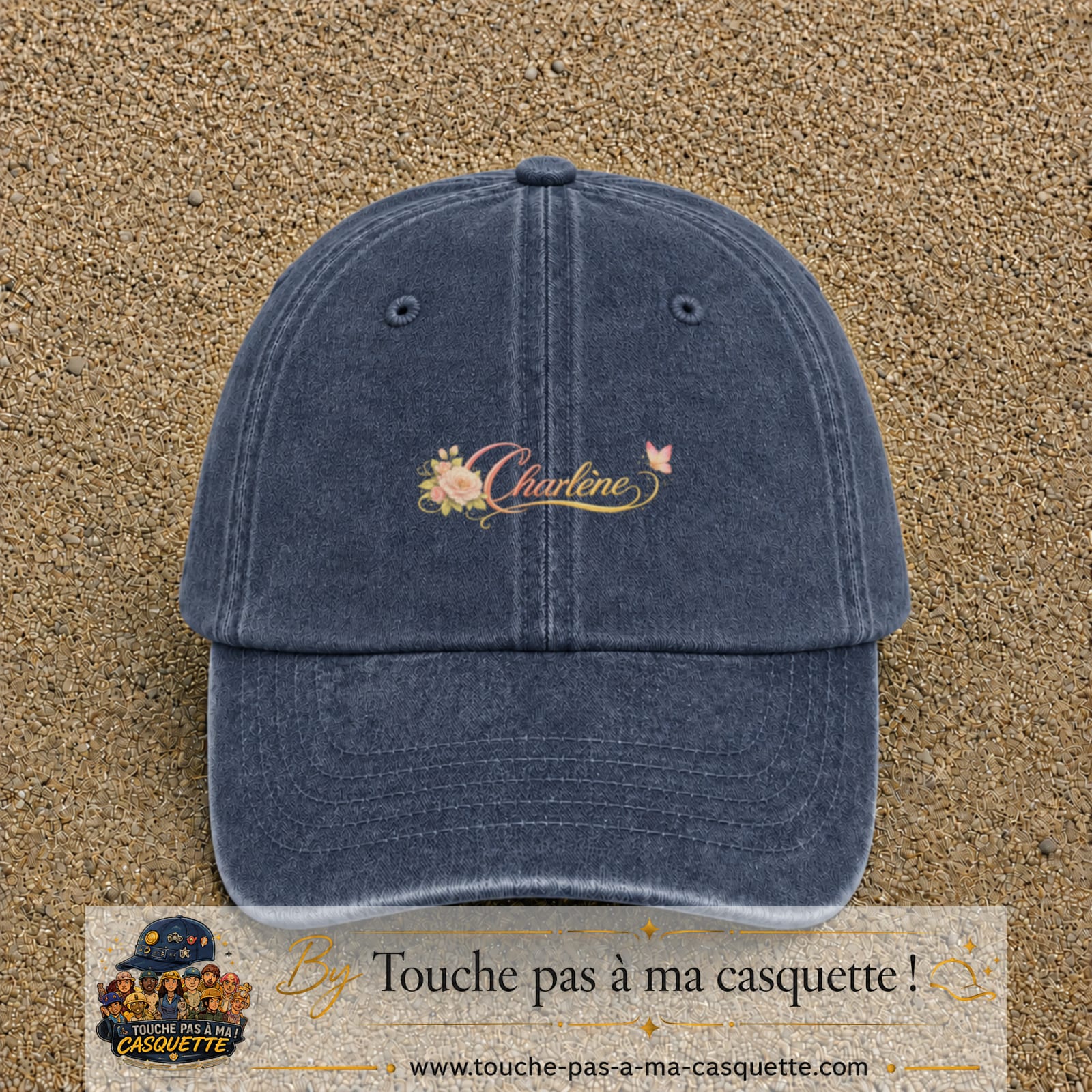 Casquette Bleu marine délavé avec motif Prénom Charlène fleuri en 3 cm – vue principale