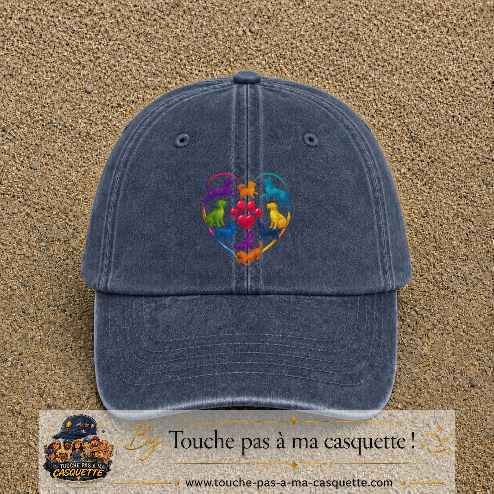 Casquette Bleu marine délavé motif Chats en cœur logo 7 cm