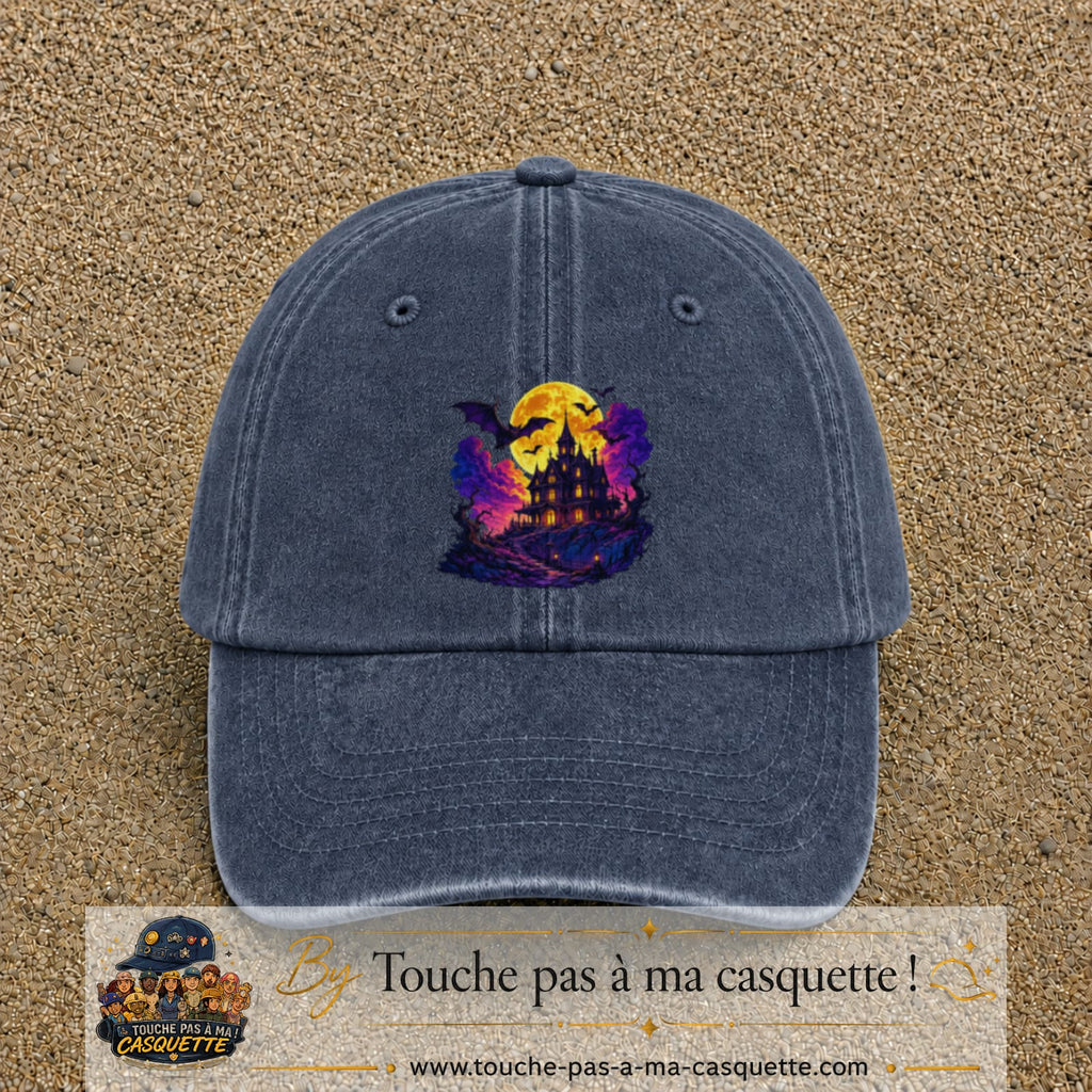 Casquette Bleu marine délavé motif Manoir hanté logo 7 cm