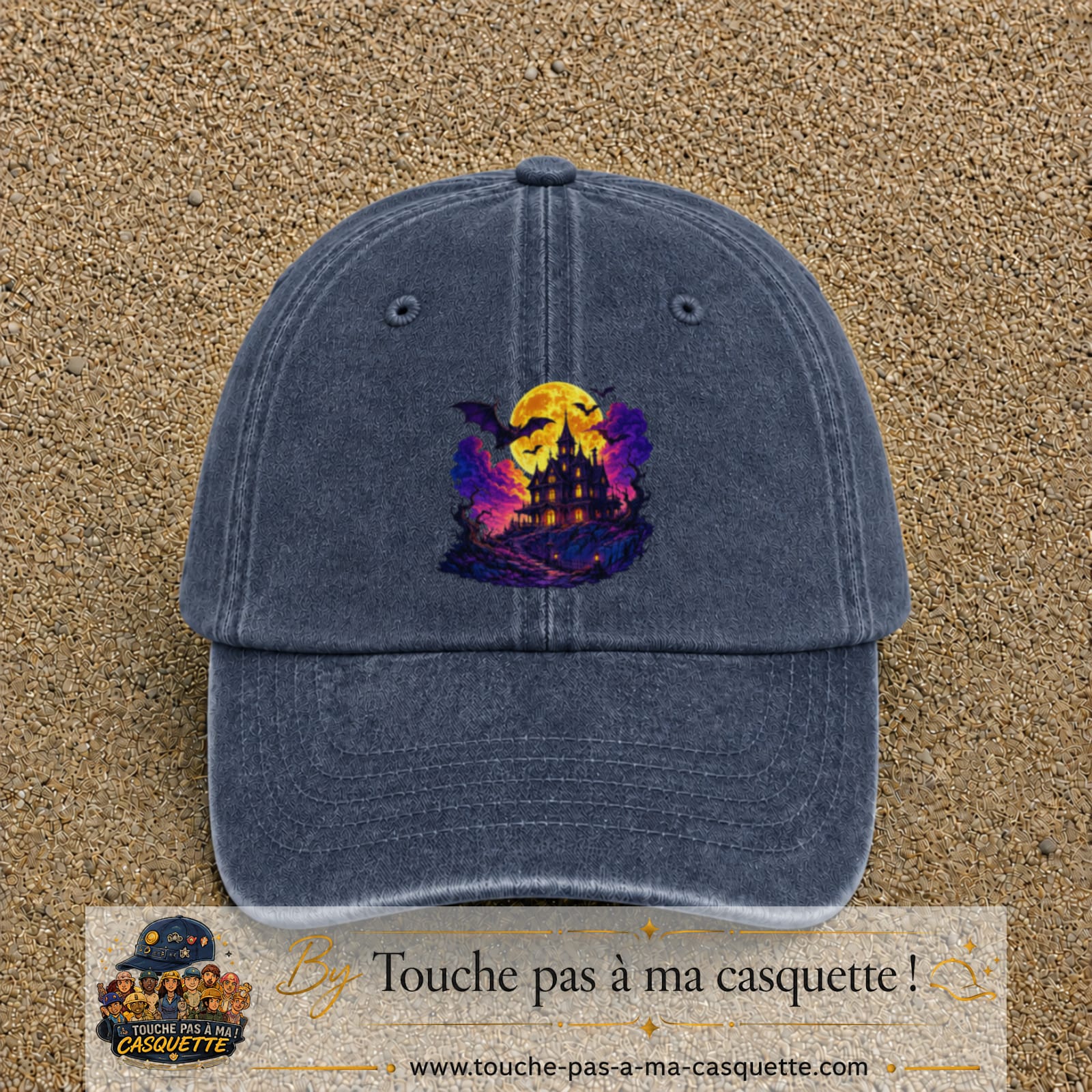 Casquette Bleu marine délavé motif Manoir hanté logo 7 cm
