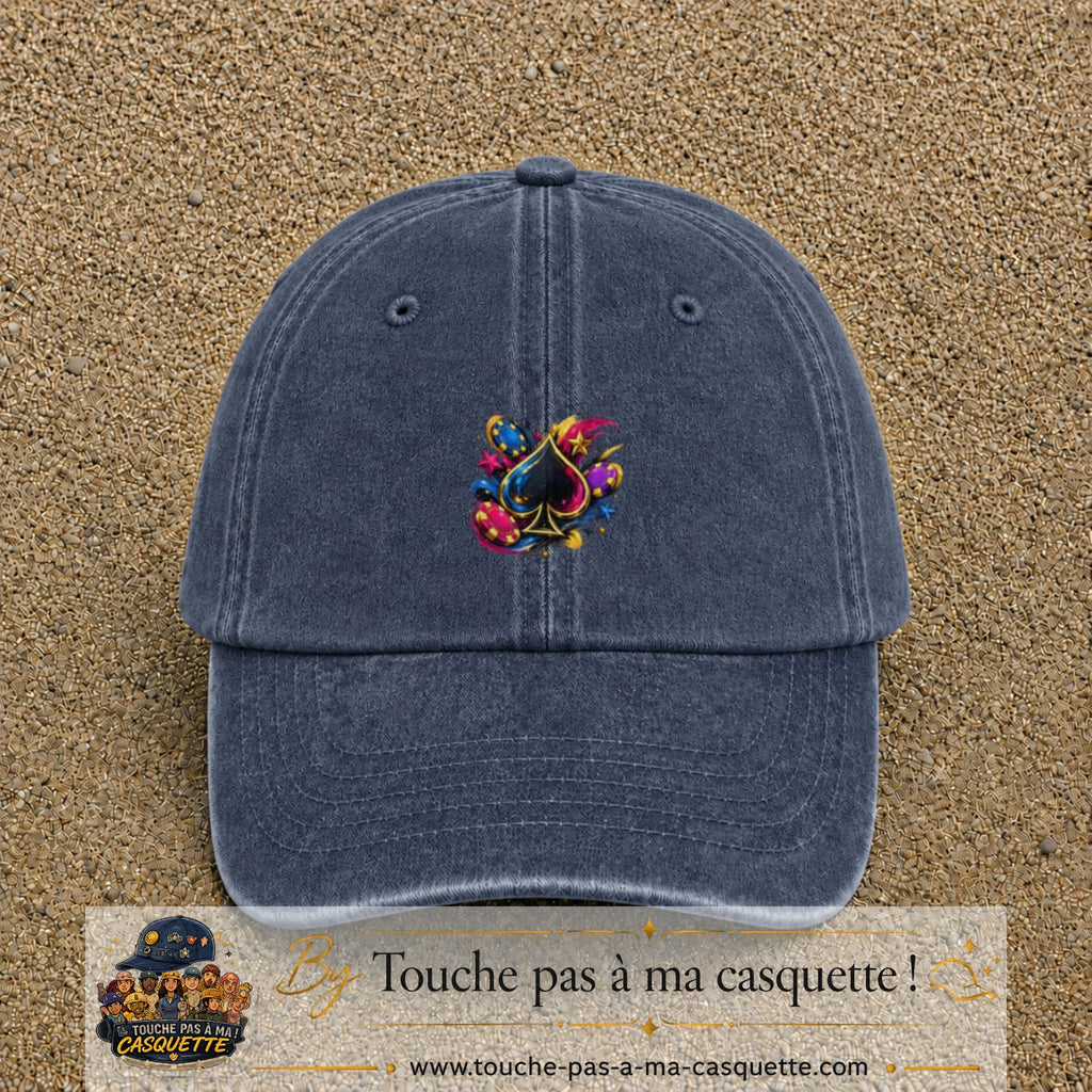 Casquette Bleu marine délavé avec motif As de pique et jetons de poker en 5 cm – vue principale