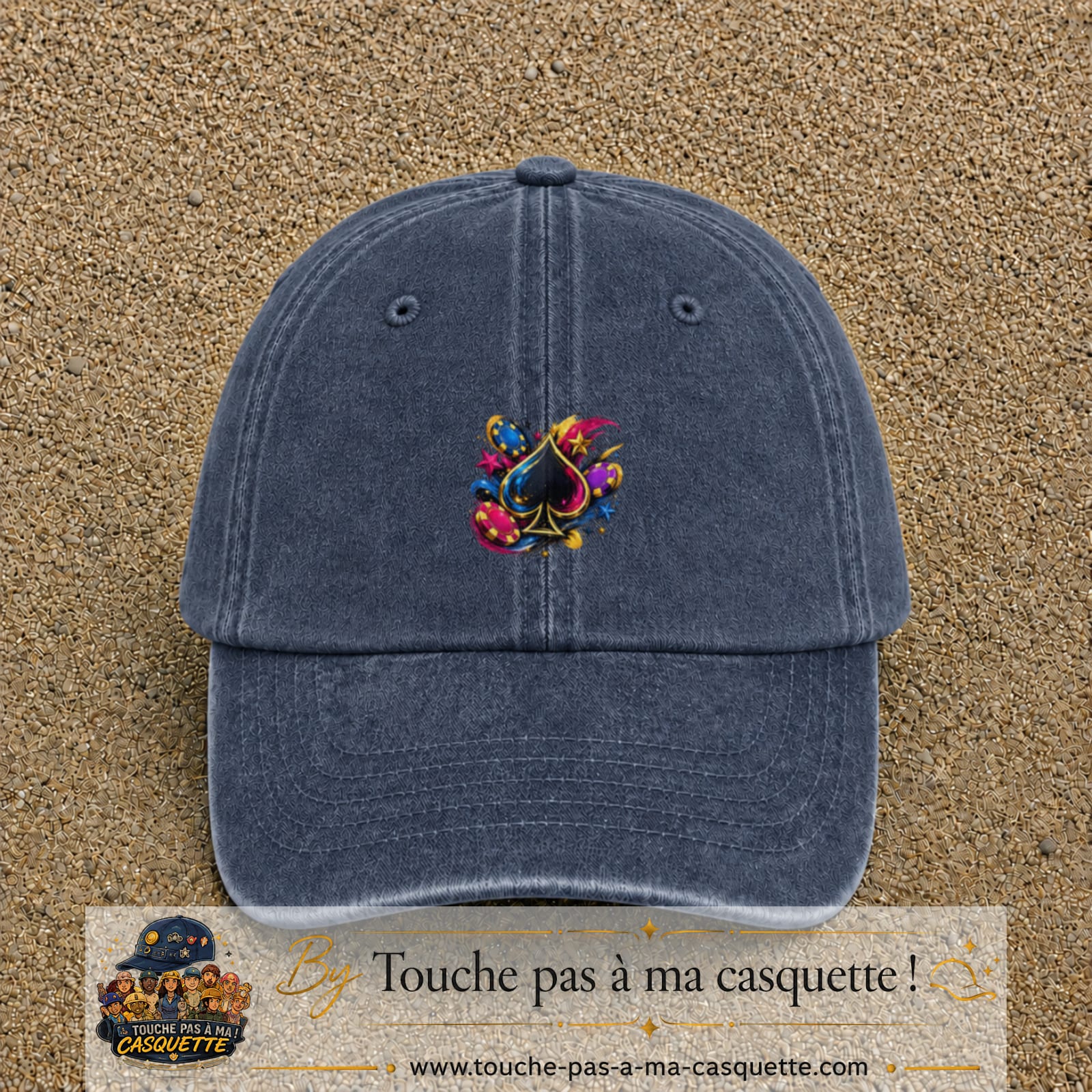 Casquette Bleu marine délavé avec motif As de pique et jetons de poker en 5 cm – vue principale