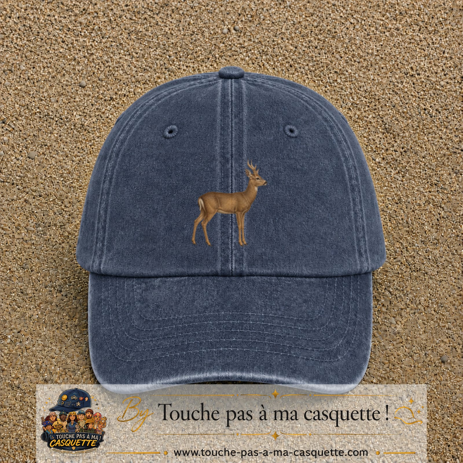 Image principale produit167grosBM - casquette Bleu marine délavé avec visuel Cerf réaliste 7 cm