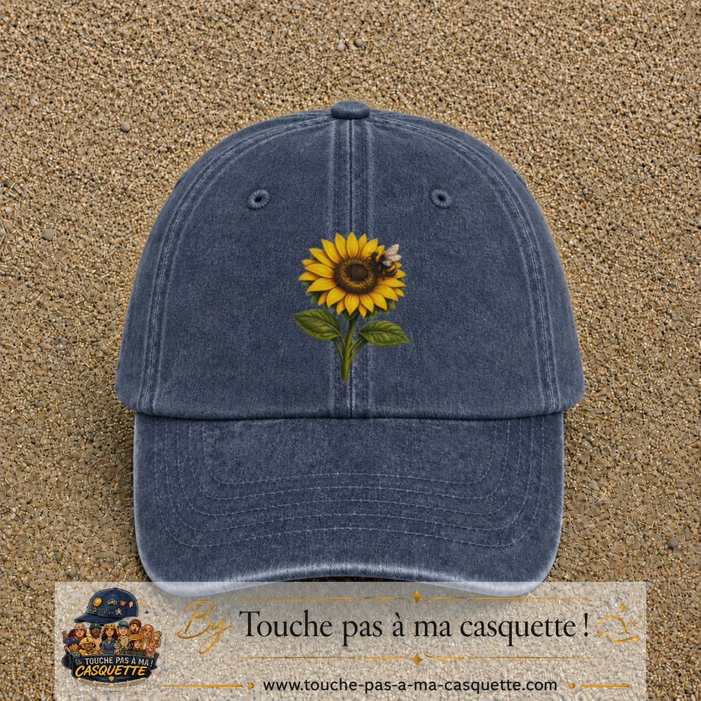 Image principale produit75grosBM - casquette Bleu marine délavé avec visuel Tournesol abeille 7 cm