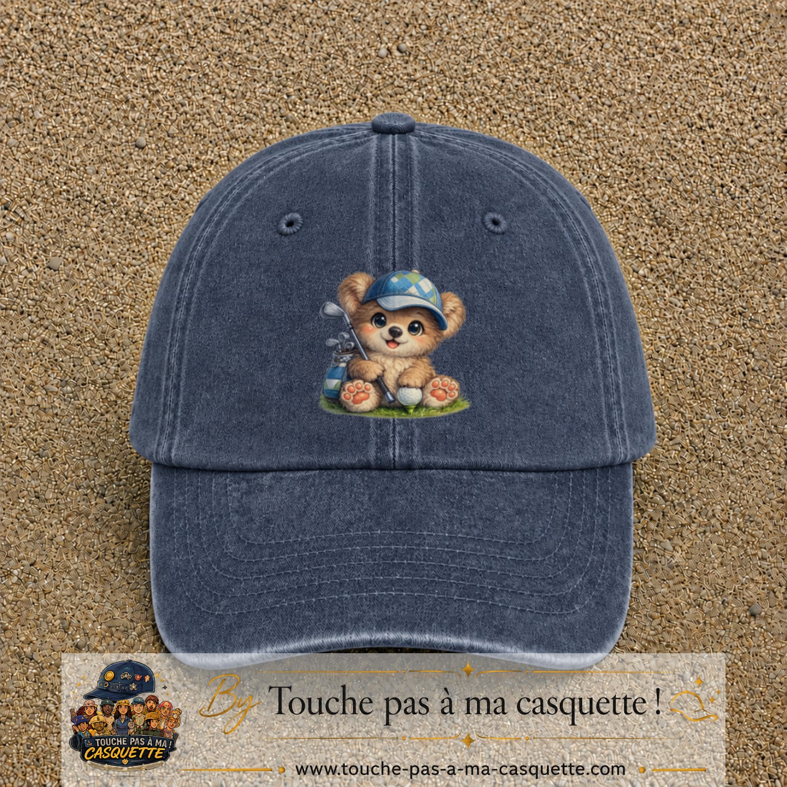 Image principale produit89grosBM - casquette Bleu marine délavé avec visuel Ourson golf 7 cm