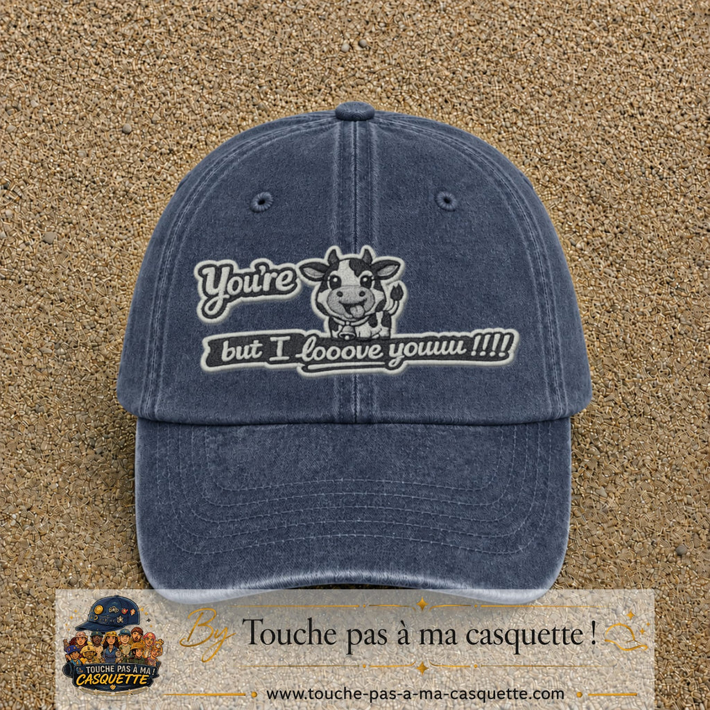 Image principale produit121grosBM - casquette Bleu marine délavé avec visuel Vache message anglais 7 cm