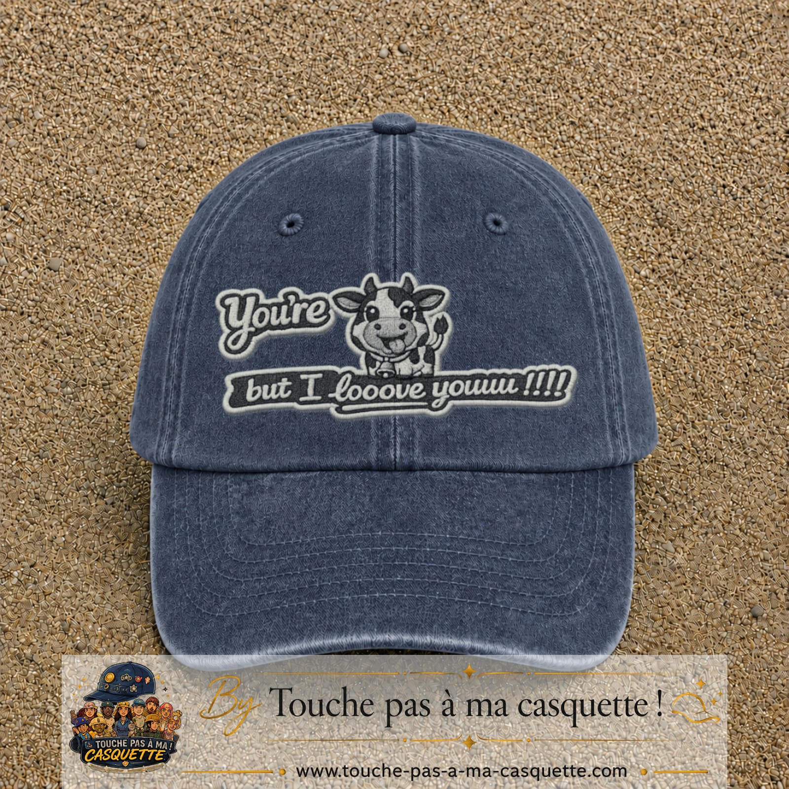 Image principale produit121grosBM - casquette Bleu marine délavé avec visuel Vache message anglais 7 cm