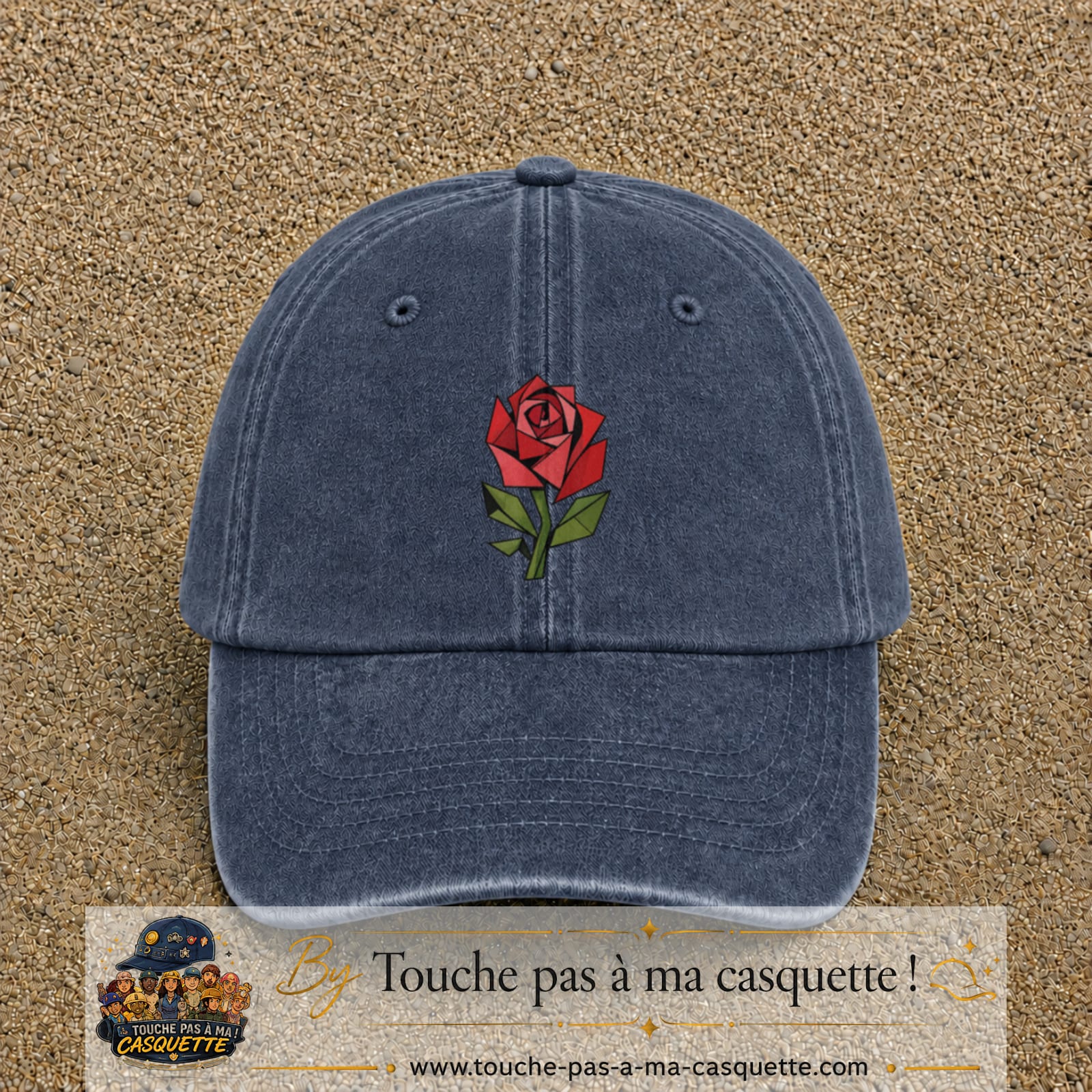 Image principale produit147grosBM - casquette Bleu marine délavé avec visuel Rose géométrique 7 cm