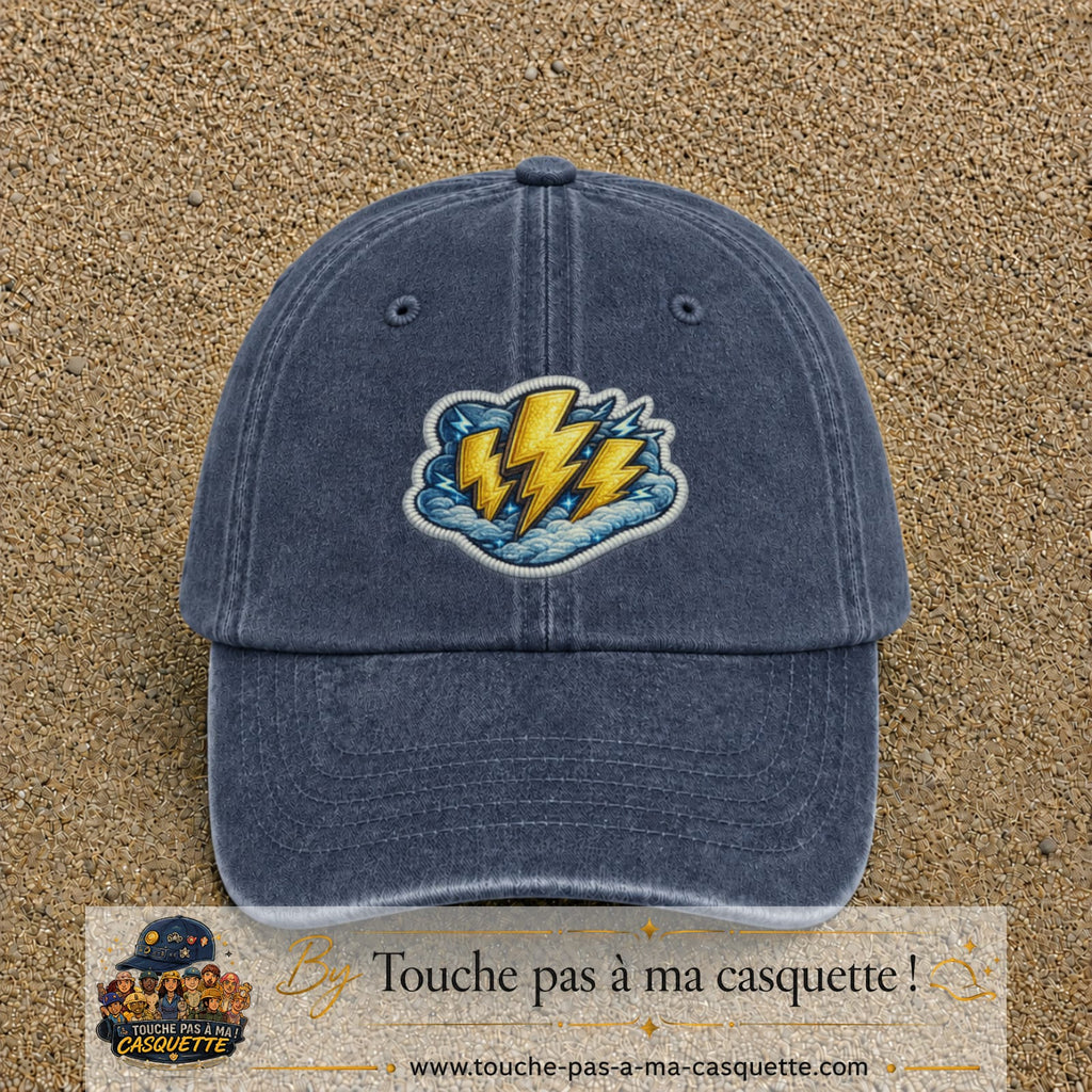 Image principale produit77grosBM - casquette Bleu marine délavé avec visuel Éclairs 7 cm