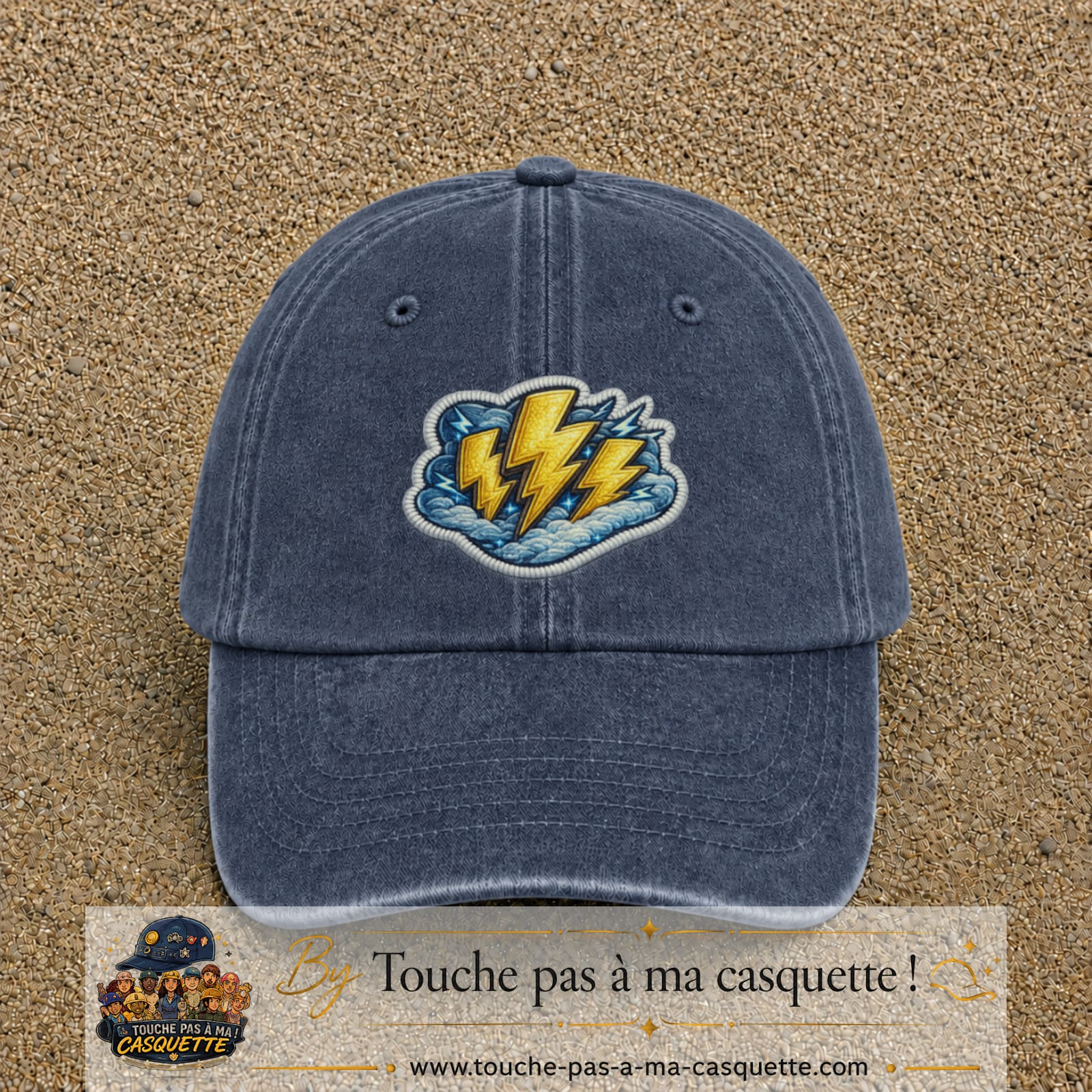 Image principale produit77grosBM - casquette Bleu marine délavé avec visuel Éclairs 7 cm